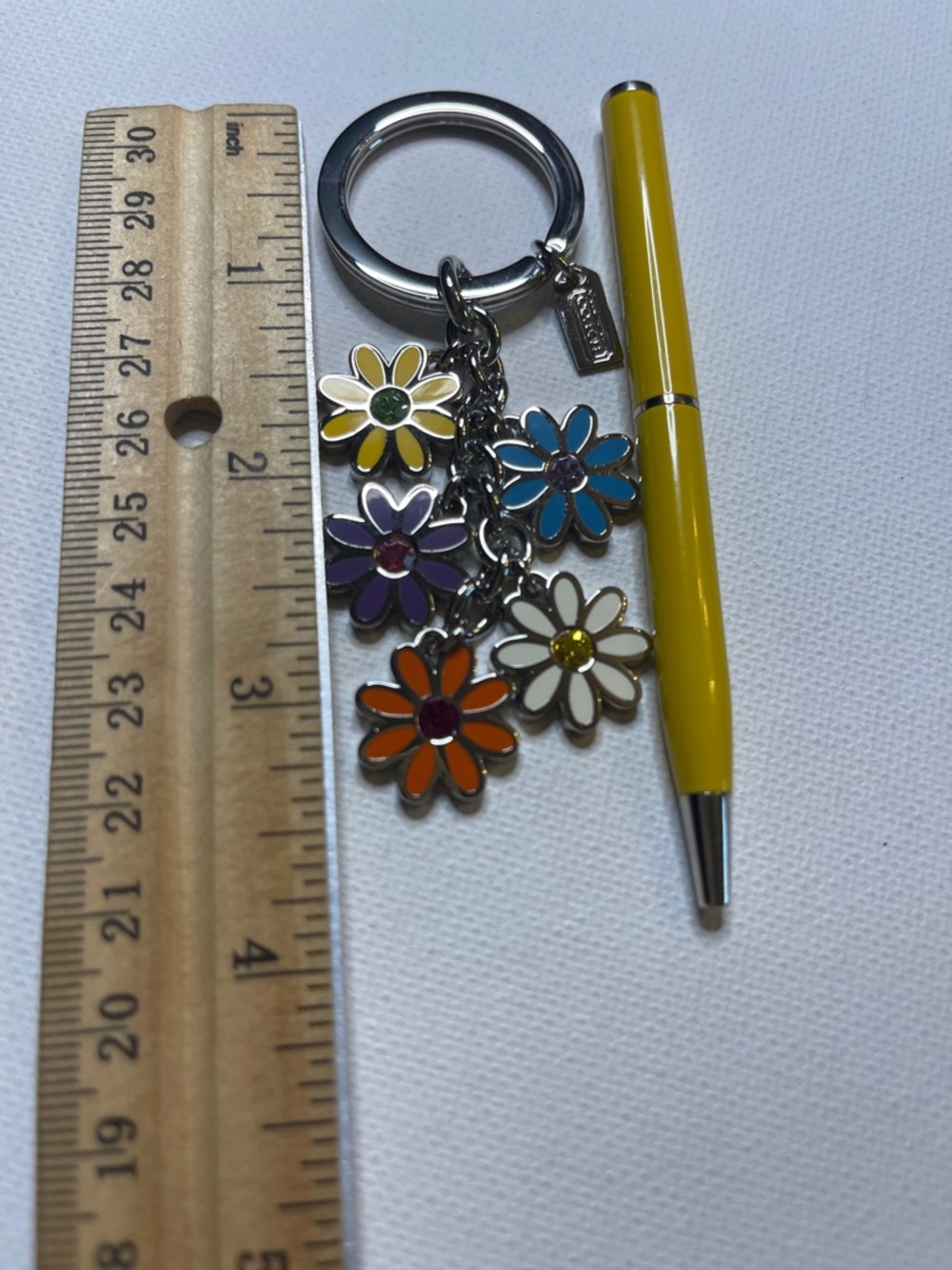 Coach Flower Charm Keyring with Yellow Enamel Coach Pen - Picture 3 of 7